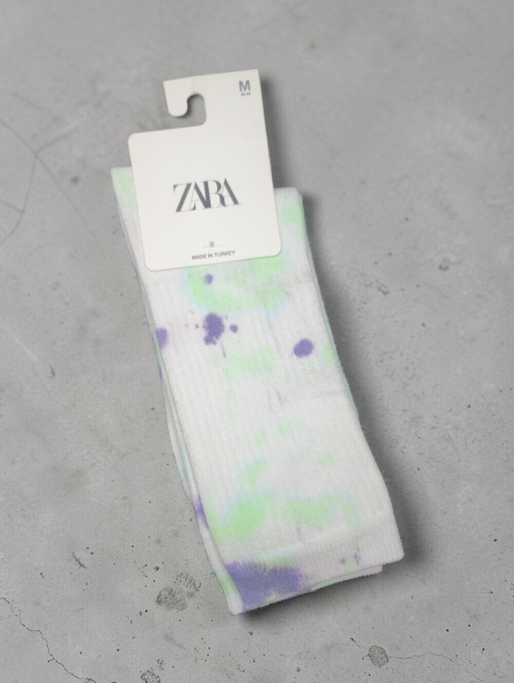 ZARA White Crew Socks with Green & Purple Tie-Dye Spots